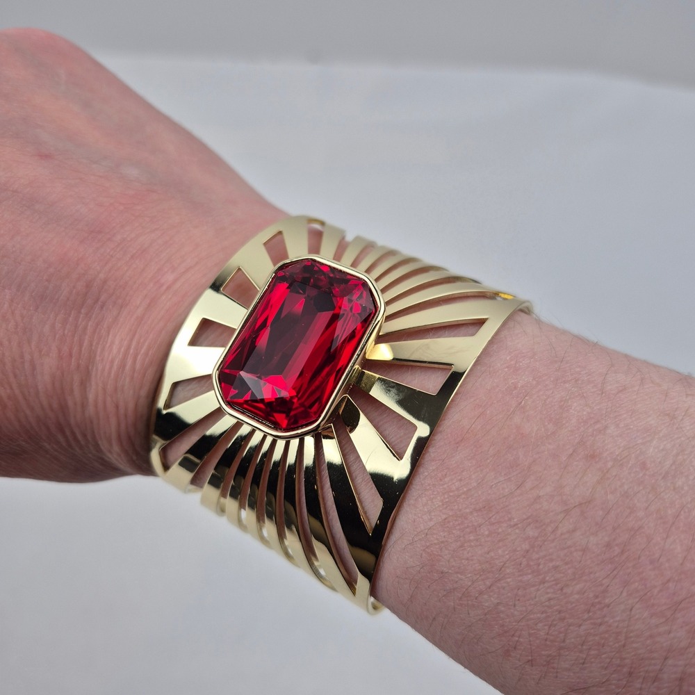 Heidi Daus Sunray Goldtone Octagonal Stone Cuff Bracelet Red Art Deco Style NWOT - Picture 2 of 9